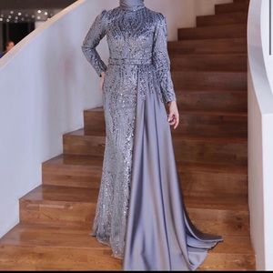 Silver sequin long sleeve gown with removable skirt